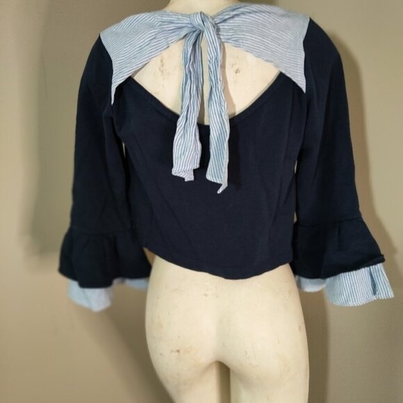 MAEVE Anthropologie Navy Blue White Flounced Bow-Black Pullover S NEW - Picture 6 of 8